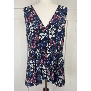 Lewit 100% Silk Floral Blouse Size 1 Navy Pink Sleeveless V Neck High Low Hem